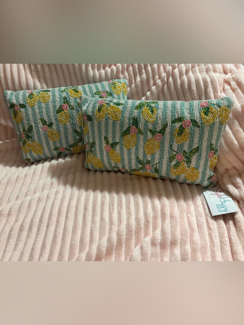 Beaded Lemon Motif Lumbar Pillow Pair